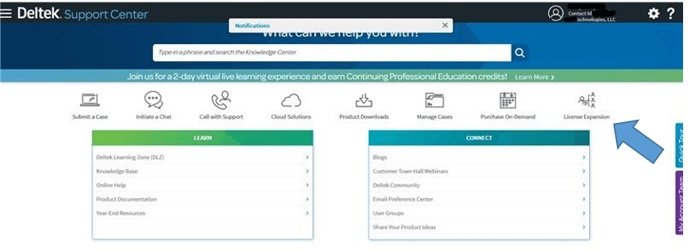 Deltek Support Center License Expansion Screen